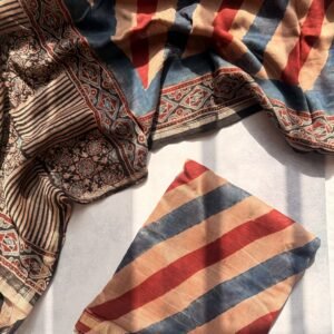 Multicoloured Diagonal Stripes Ajrakh Mul Chanderi Unstitched Suit
