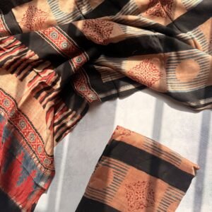 Peach and Indigo Polka & Stripes Ajrakh Mul Chanderi Unstitched Suit