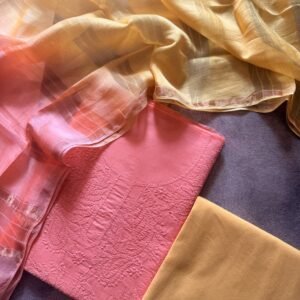 Pink Chikankari Unstitched Suit with Ombre Chanderi Dupatta
