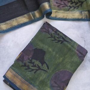 Green and Pink Pomegranate Peel Dyed Maheshwari Unstitched Suit with Striped Dupatta