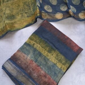 Multicoloured Striped (Pink, Indigo and Mustard) Pomegranate Peel Dyed Maheshwari Unstitched Suit