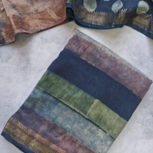 Multicoloured Striped (Green, Pink and Indigo) Pomegranate Peel Dyed Maheshwari Unstitched Suit