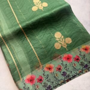 Green Kora Organza Silk Saree with Big Buttas, Striped Zari Weaving and Digital Satin Borders