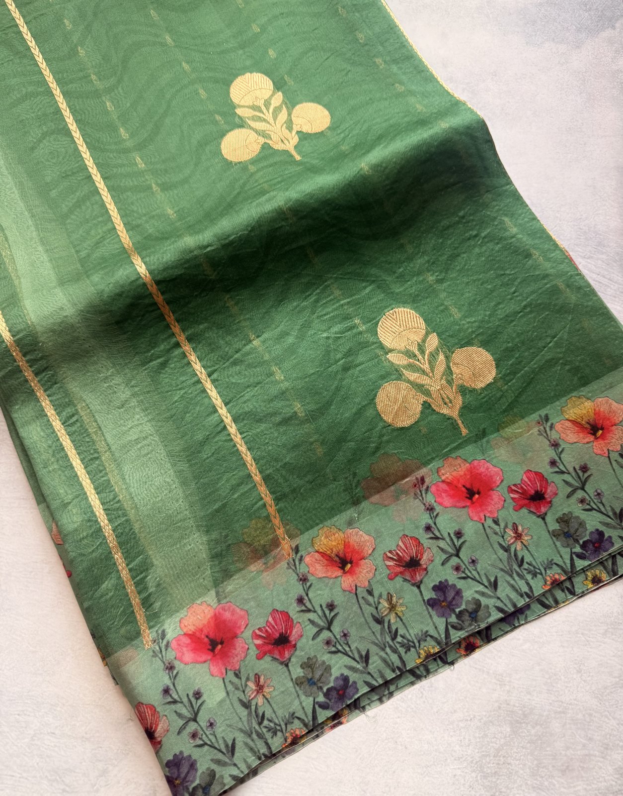 Green Kora Organza Silk Saree with Big Buttas, Striped Zari Weaving and Digital Satin Borders