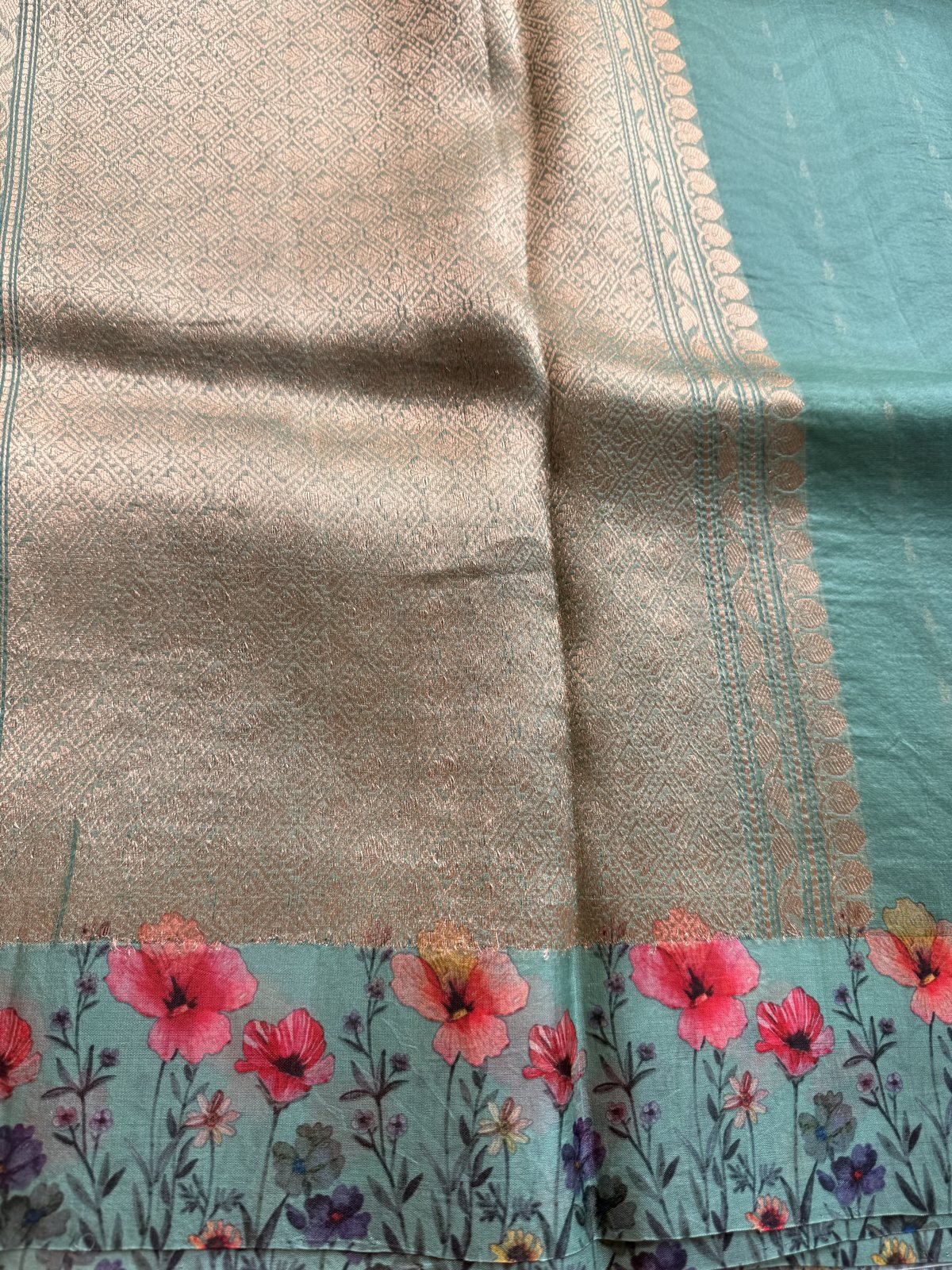 Green Kora Organza Silk Saree with Big Buttas, Striped Zari Weaving and Digital Satin Borders – view 2