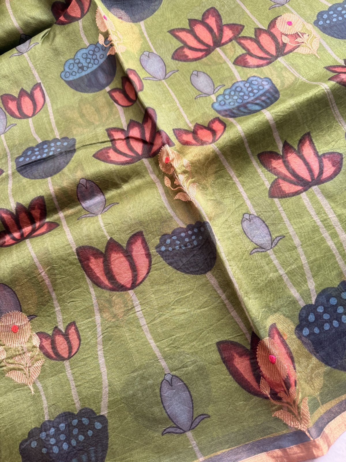 Green Kora Organza Silk Saree with Meenakari Work – view 5