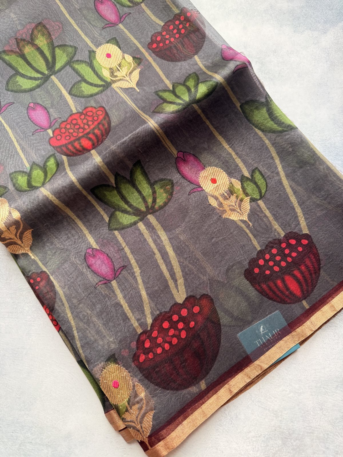Grey Handloom Kora Organza Silk Saree with Meenakari Weaving – view 2