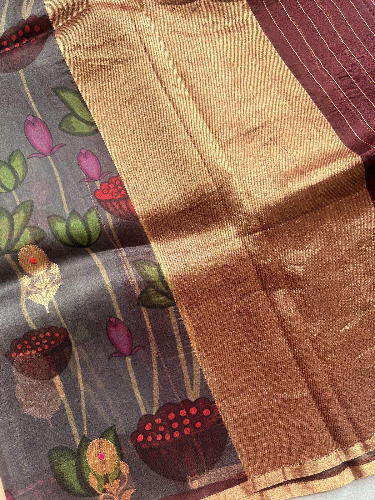 Grey Handloom Kora Organza Silk Saree with Meenakari Weaving – view 3