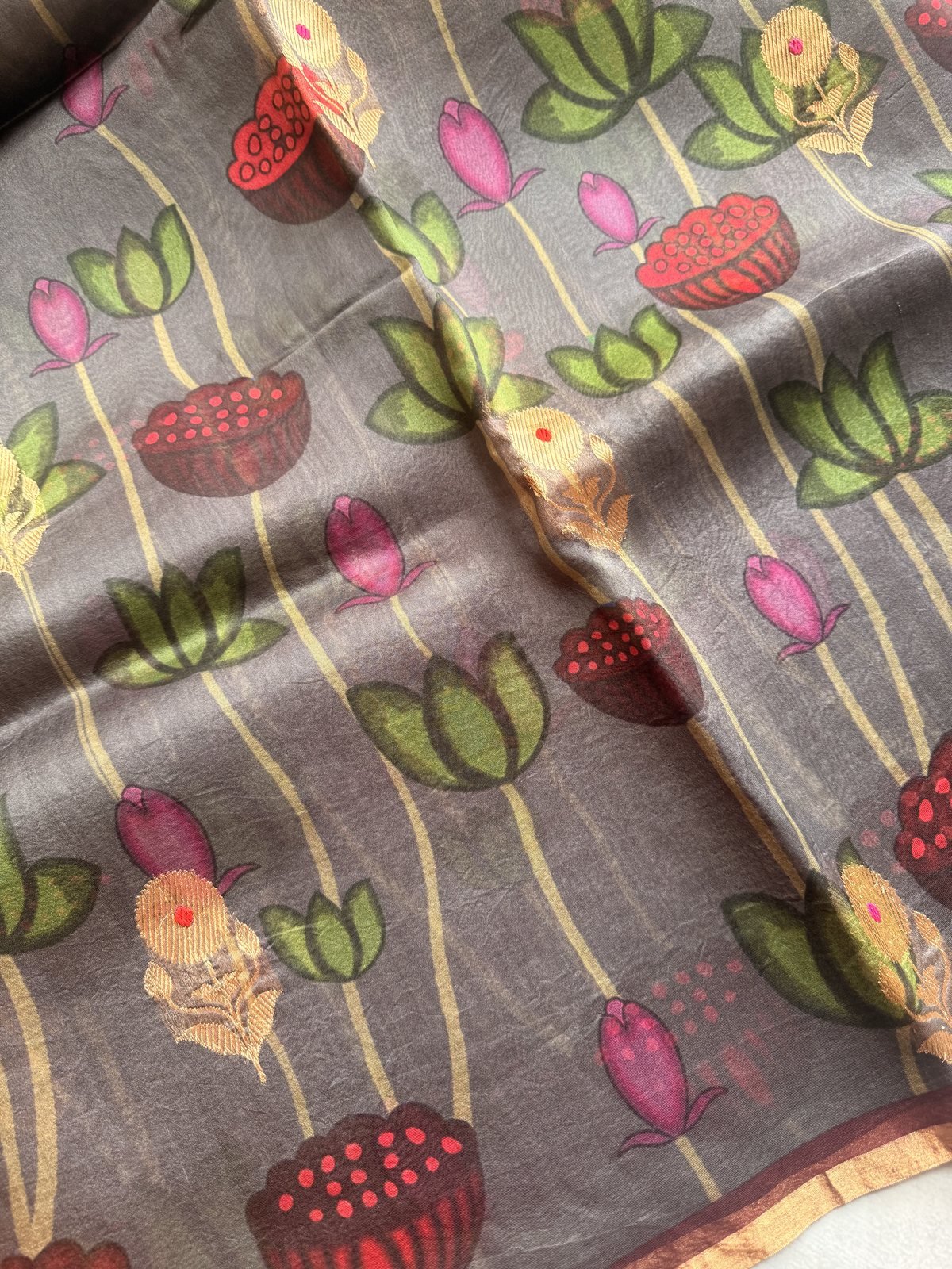Grey Handloom Kora Organza Silk Saree with Meenakari Weaving – view 5