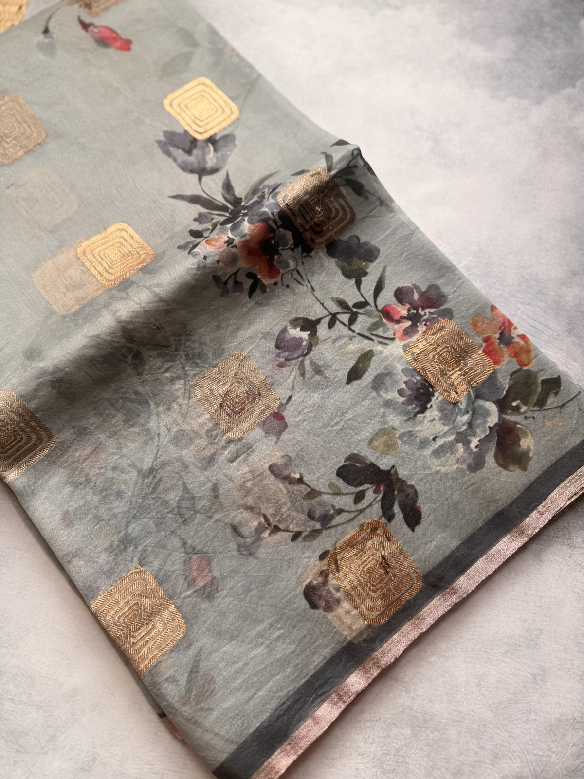 Grey Kora Organza Silk Saree with Digital Prints and Square Gold Zari Weaving
