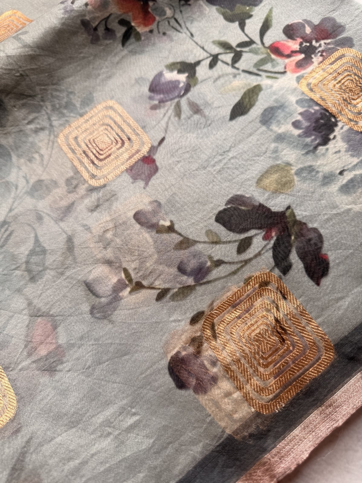 Grey Kora Organza Silk Saree with Digital Prints and Square Gold Zari Weaving – view 2