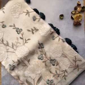 Cream Handloom Organza Saree with Full Body Jaal – Blue Shade
