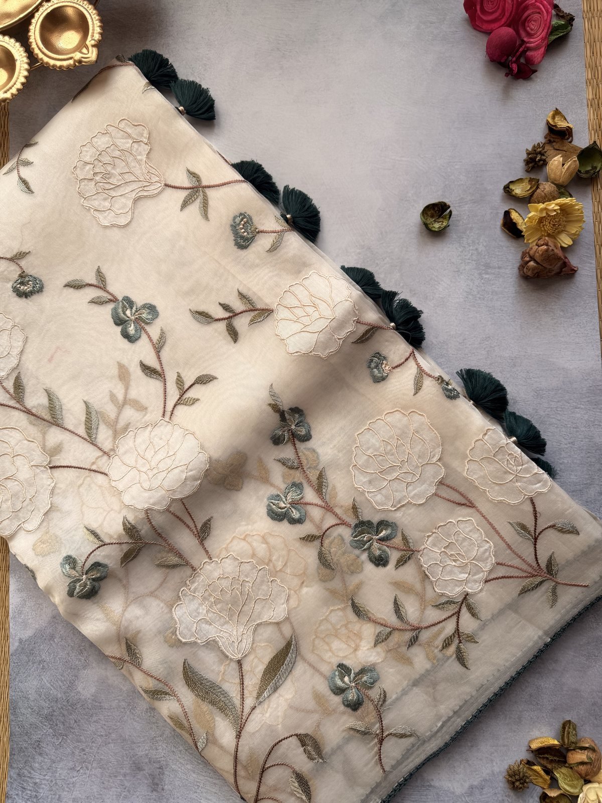 Cream Handloom Organza Saree with Full Body Jaal – Blue Shade
