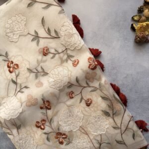 Cream Handloom Organza Saree with Full Body Jaal – Rust Shade
