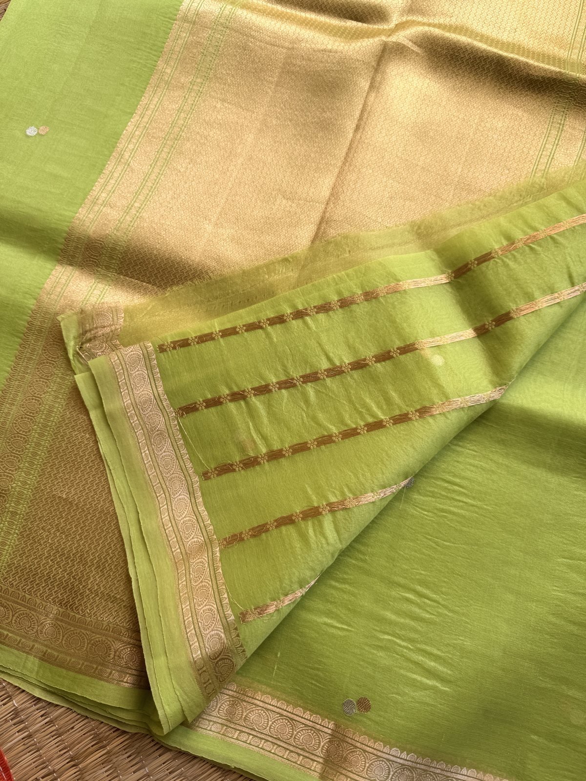 Parrot Green Kora Silk Saree with Sona Rupa Weaving – view 3
