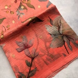 Peach Digital Printed Organza Silk Saree with Zari Weaving Buttas