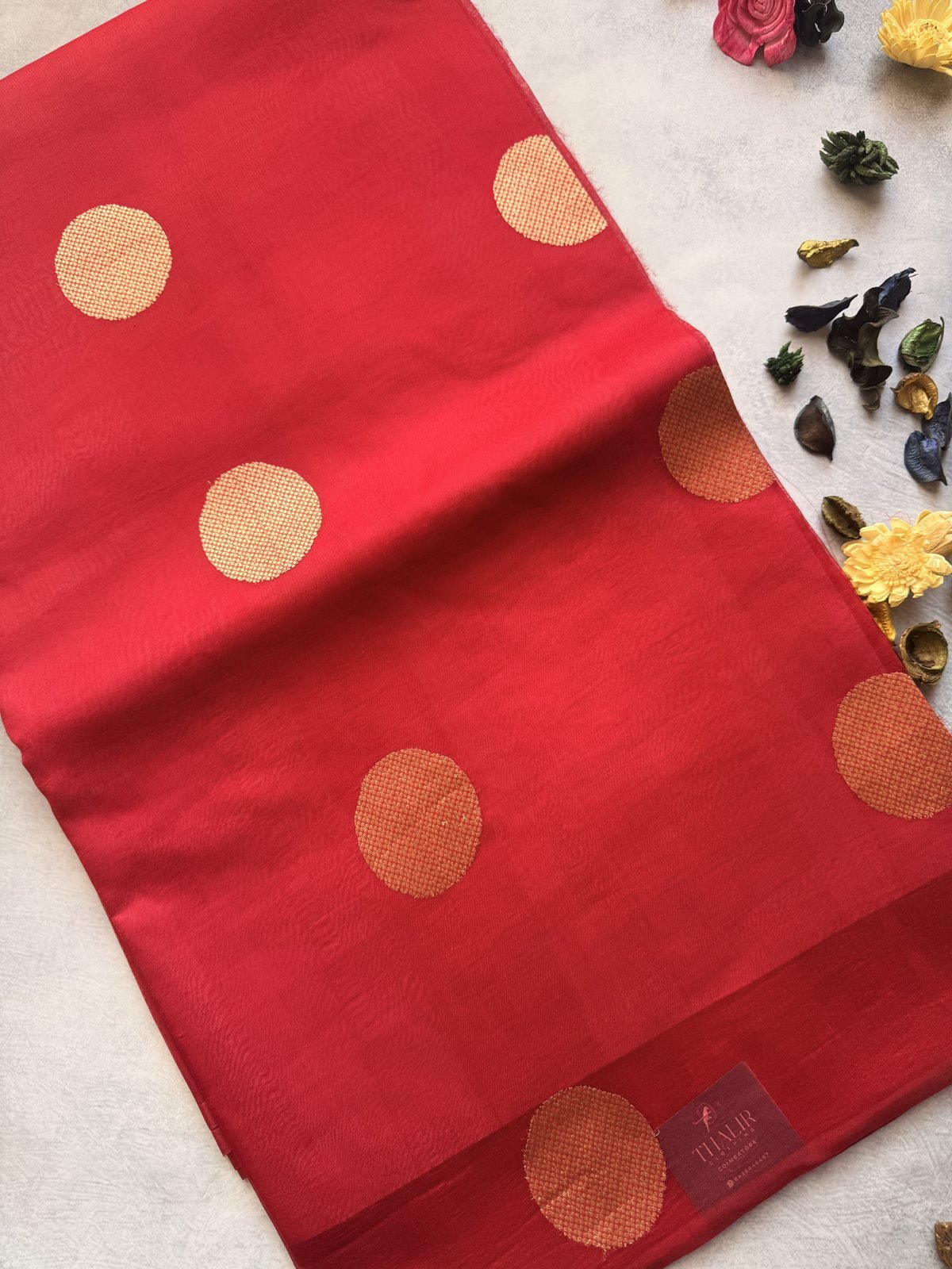 Red Kora Organza Saree with Gold Weaving Buttas
