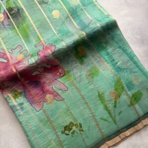 Sea Blue and Green Digital Printed Kora Silk Saree with Full Weaving