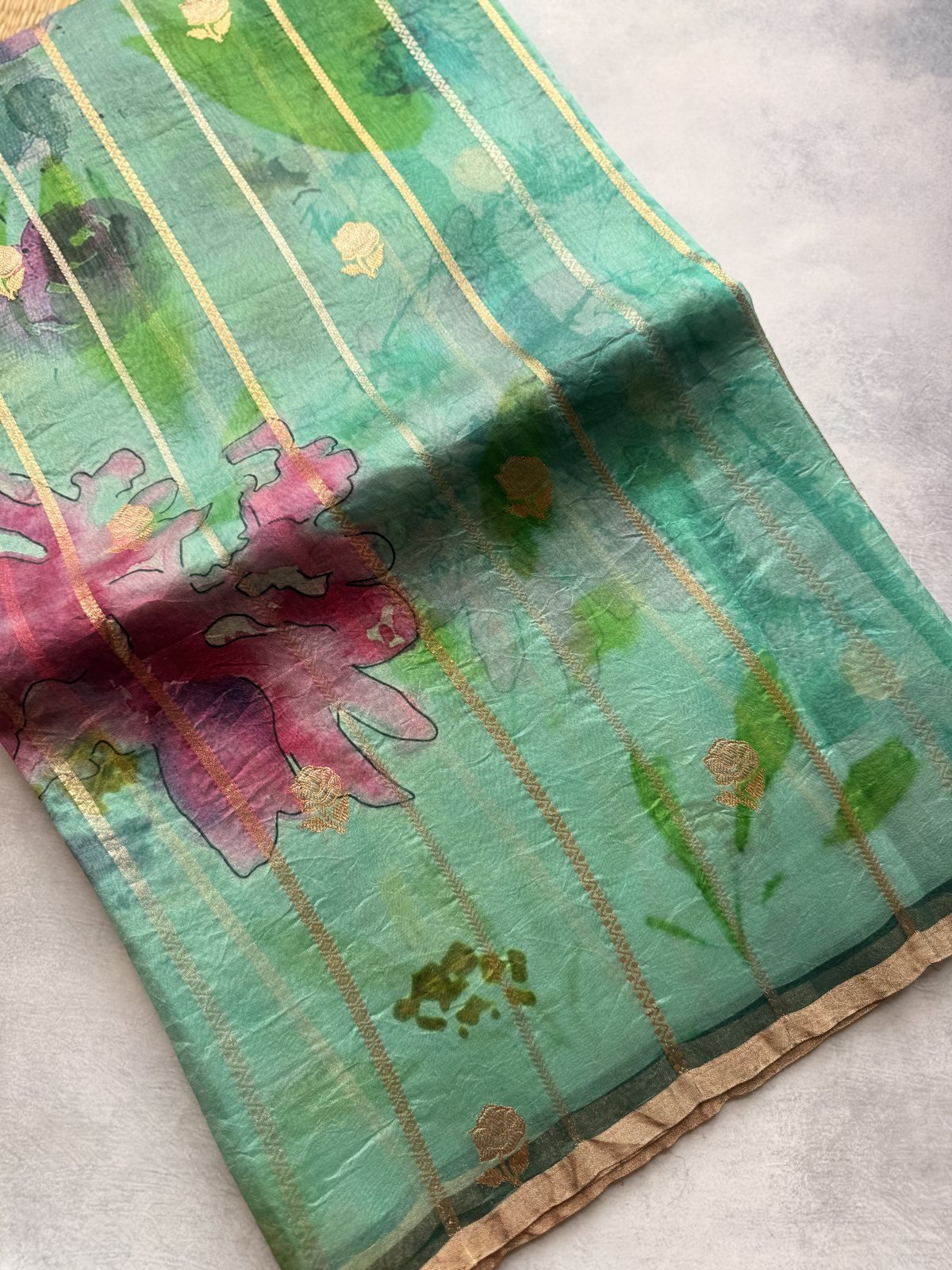 Sea Blue and Green Digital Printed Kora Silk Saree with Full Weaving