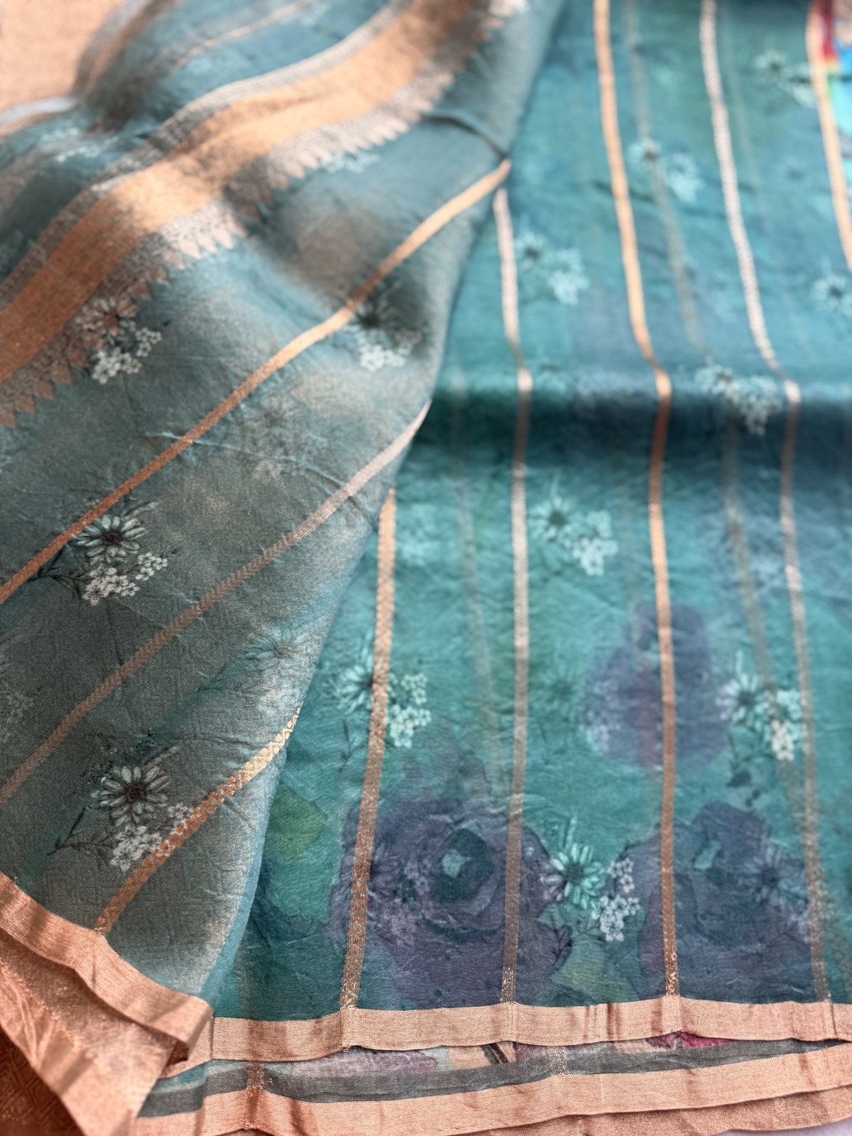 Sea Blue and Green Digital Printed Kora Silk Saree with Full Weaving – view 2