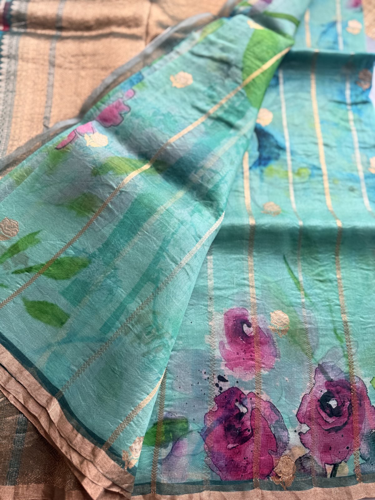 Sea Blue and Green Digital Printed Kora Silk Saree with Full Weaving – view 3