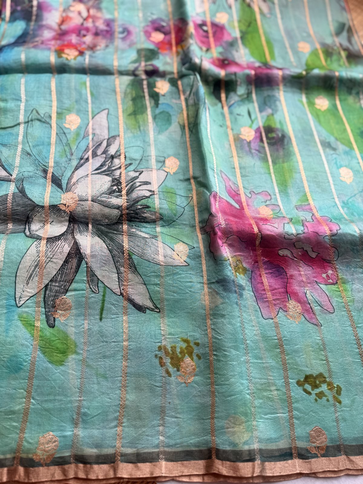Sea Blue and Green Digital Printed Kora Silk Saree with Full Weaving – view 4