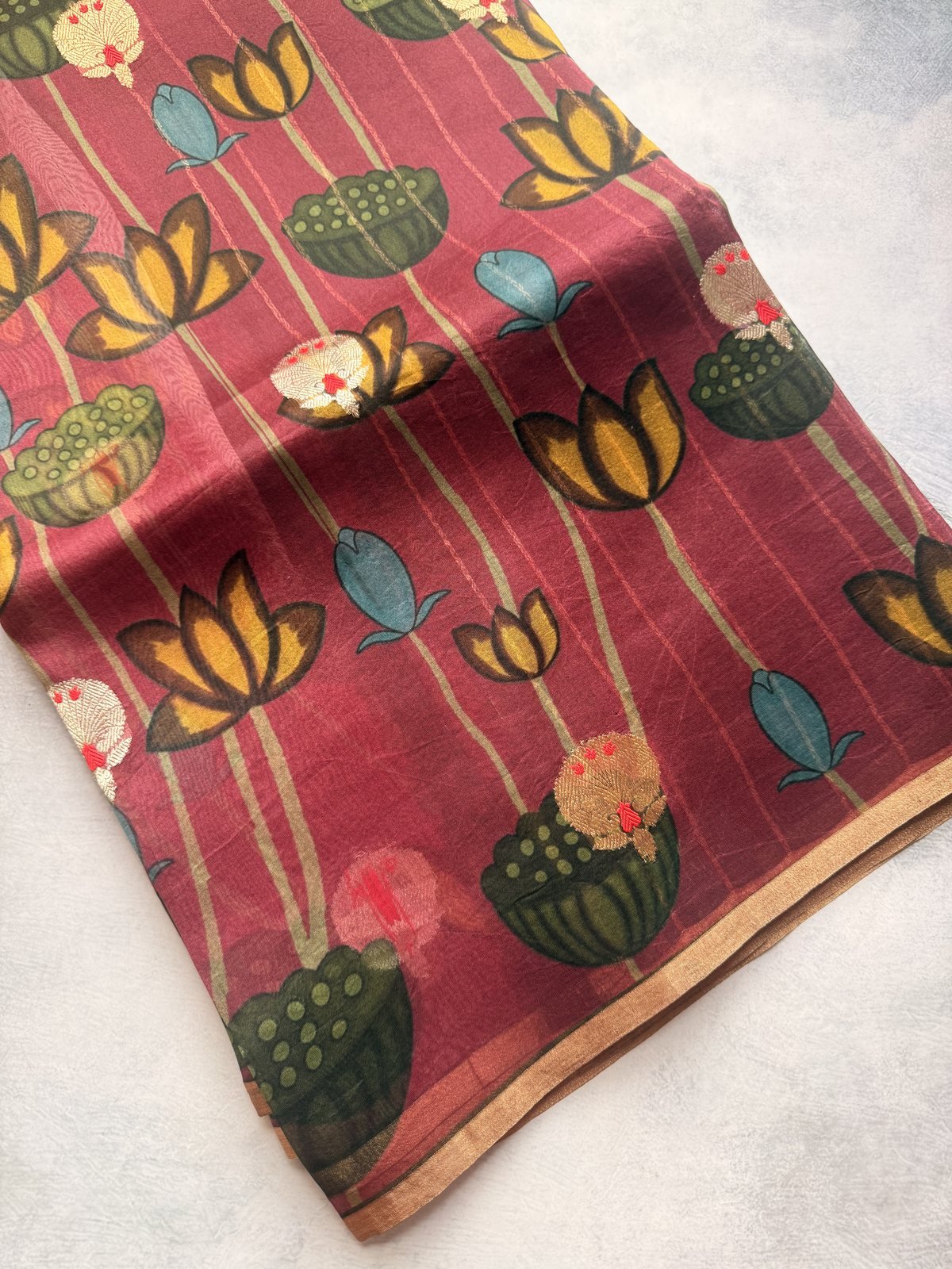 Wine Kora Organza Silk Saree with Meenakari Work