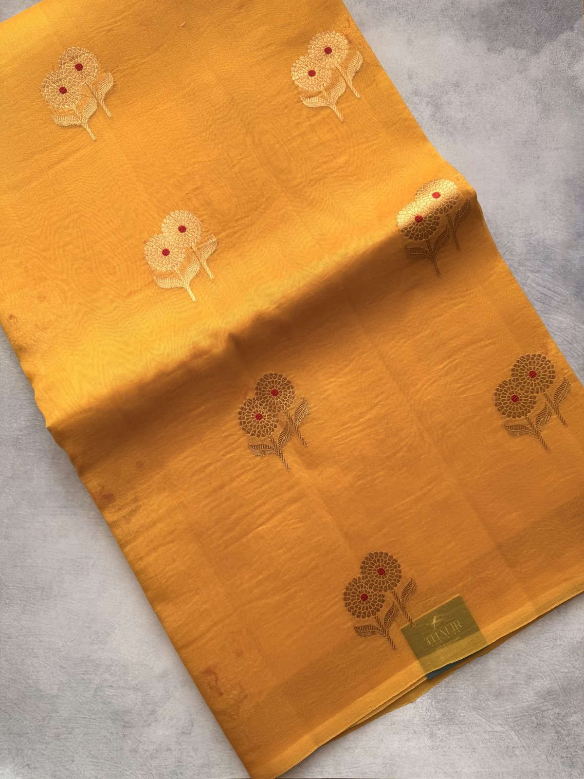 Yellow and Red Kora Silk Saree with Meenakari