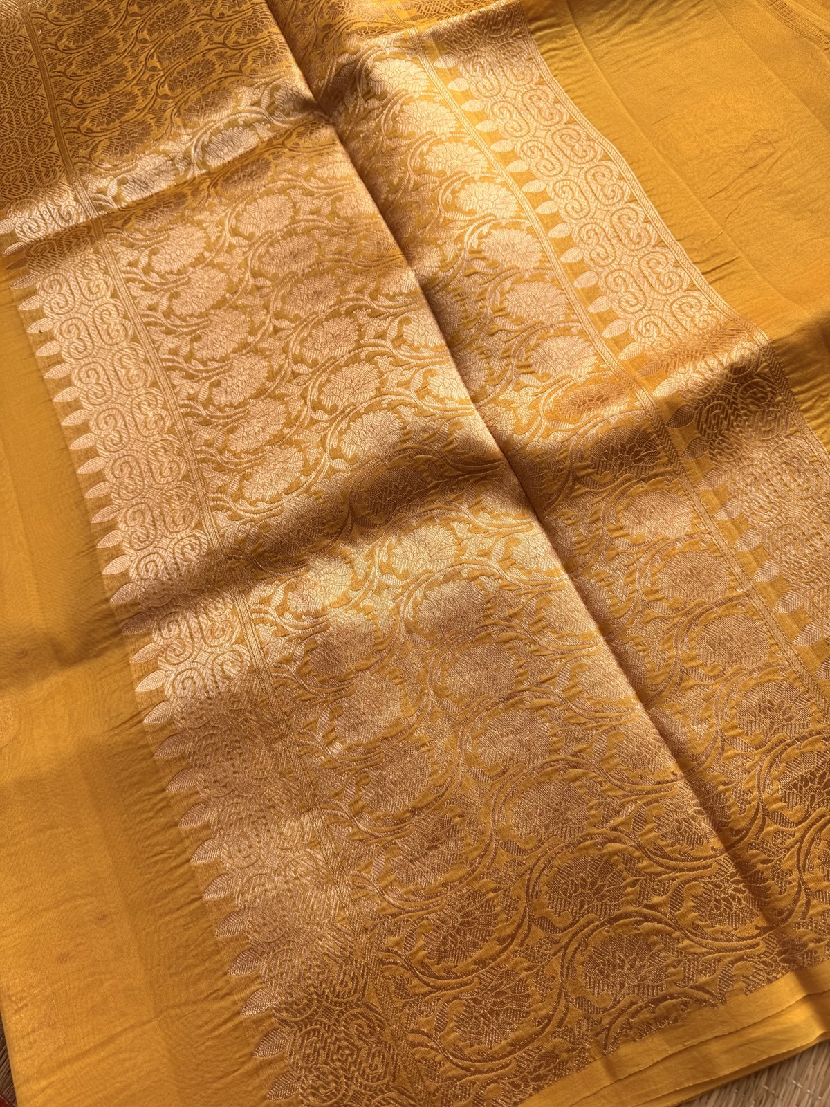 Yellow and Red Kora Silk Saree with Meenakari – view 2