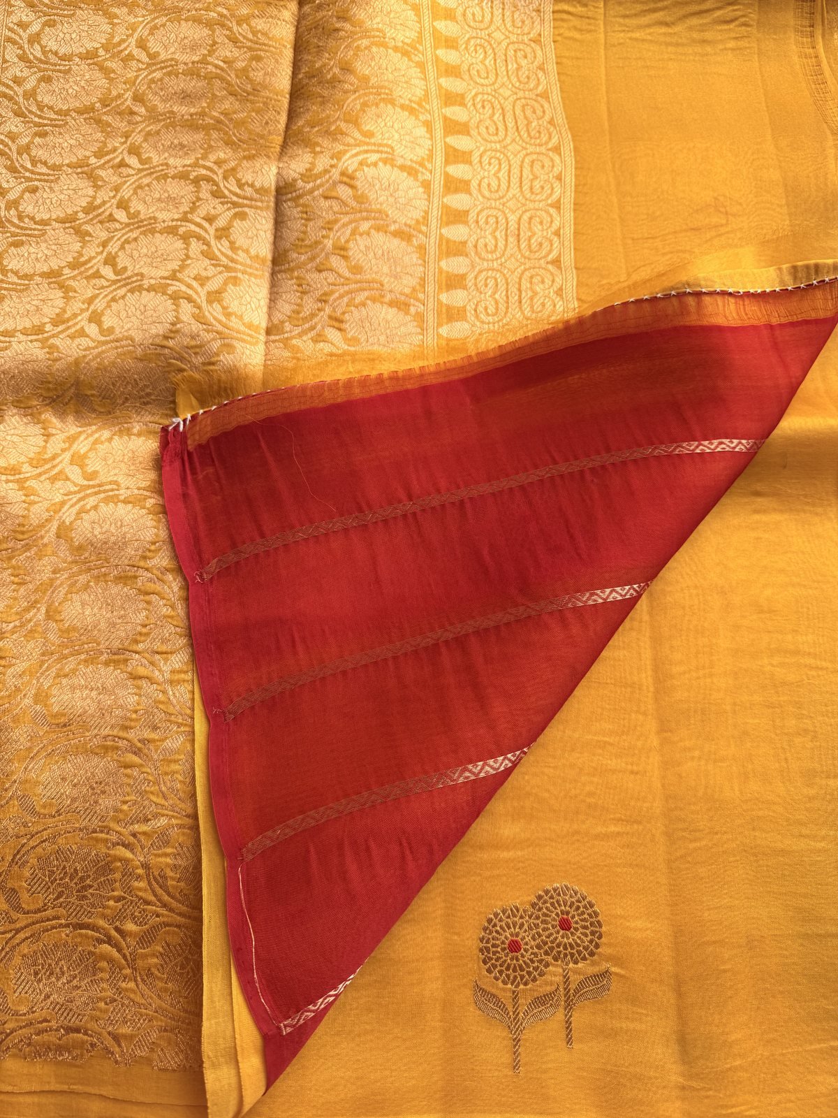 Yellow and Red Kora Silk Saree with Meenakari – view 3
