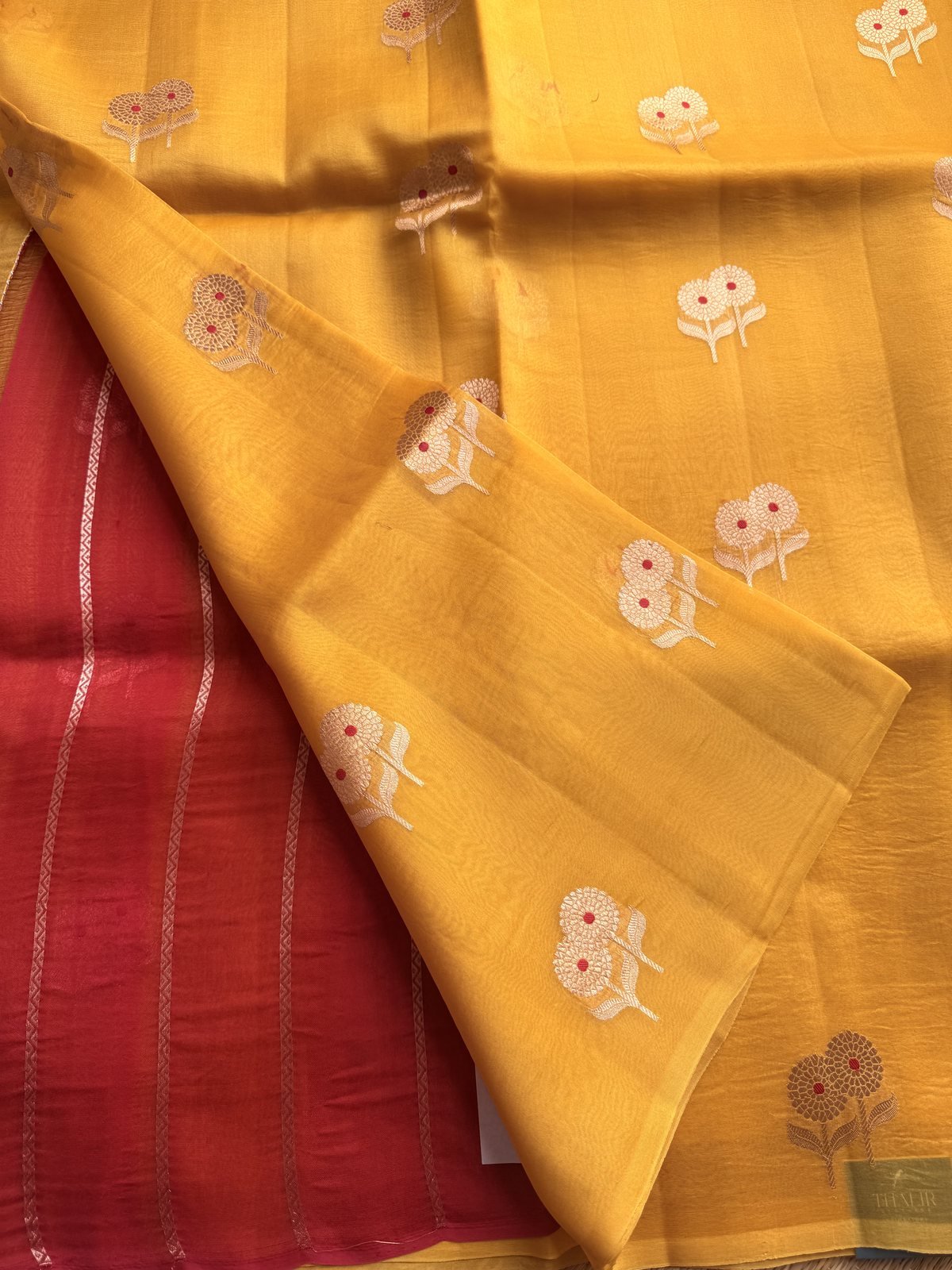Yellow and Red Kora Silk Saree with Meenakari – view 5