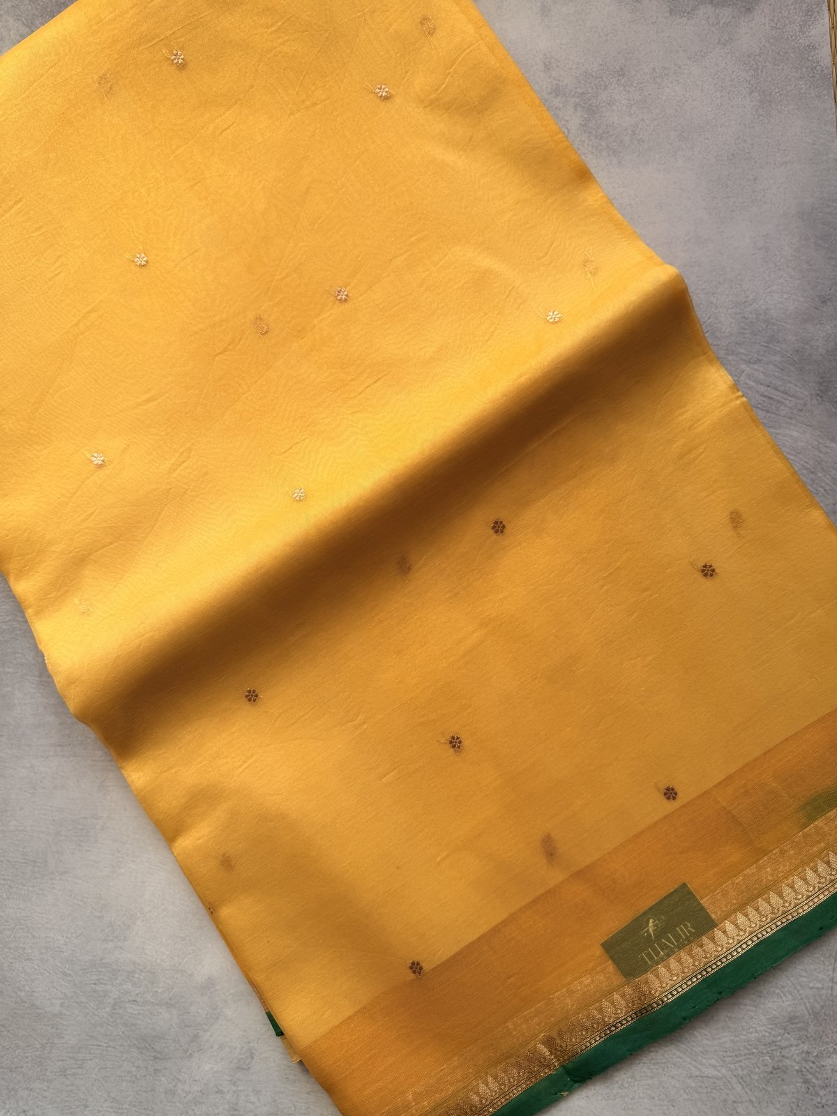 Yellow Kora Silk Saree with Green Borders