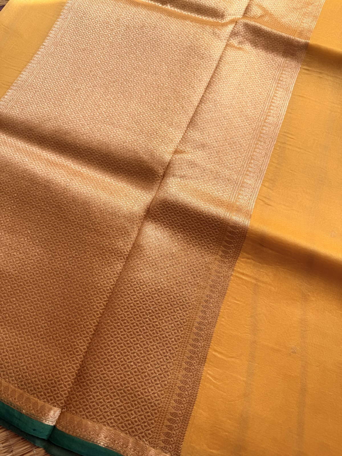 Yellow Kora Silk Saree with Green Borders – view 2