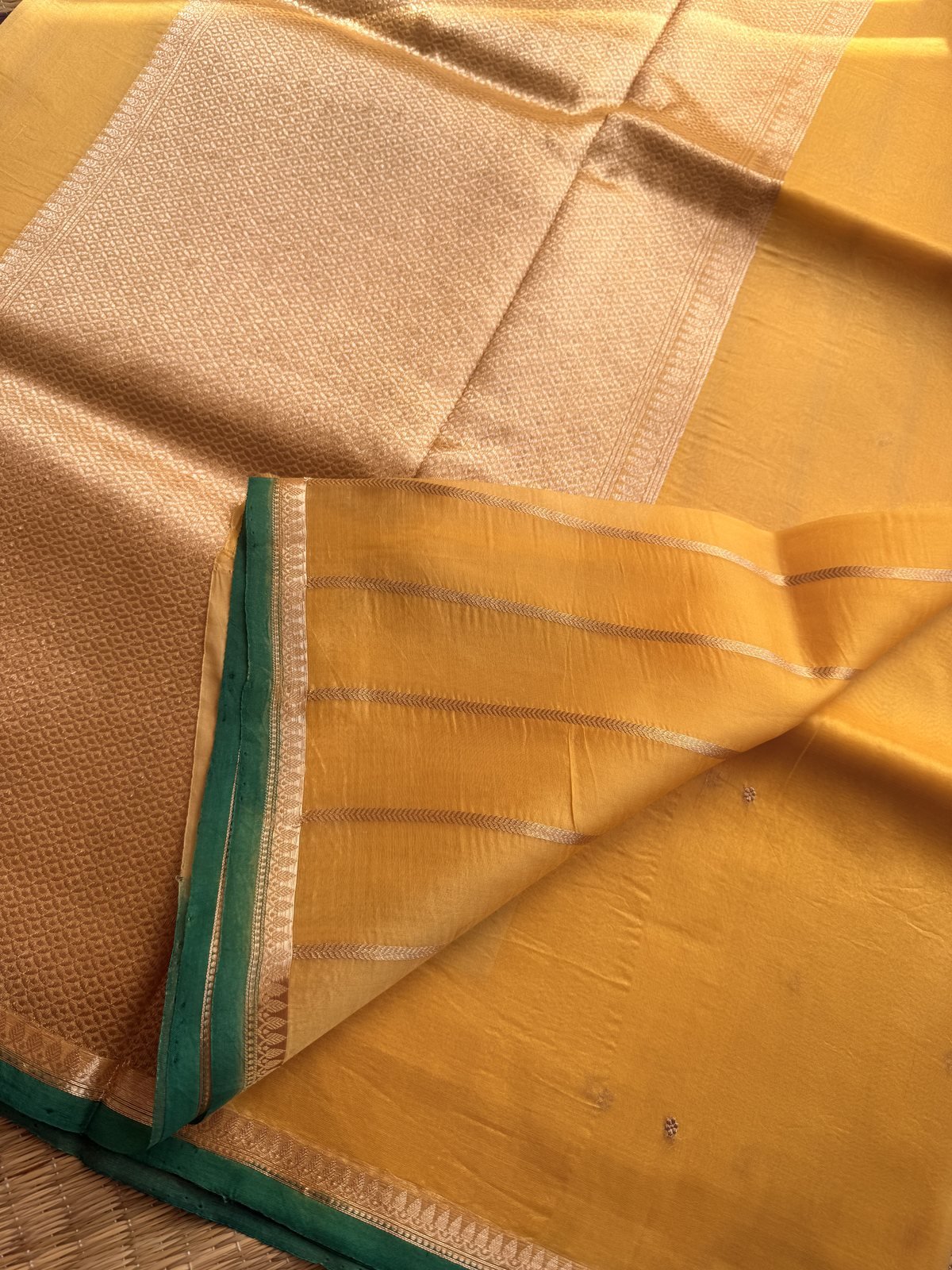 Yellow Kora Silk Saree with Green Borders – view 3