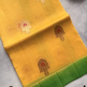 Yellow with Green Handloom Kora Silk Saree