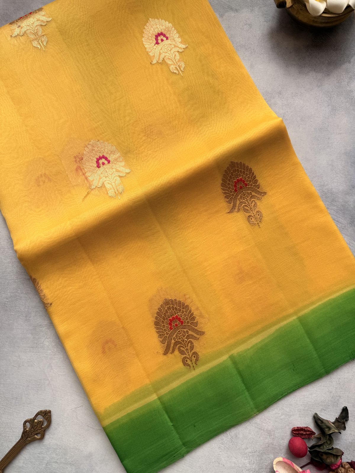 Yellow with Green Handloom Kora Silk Saree