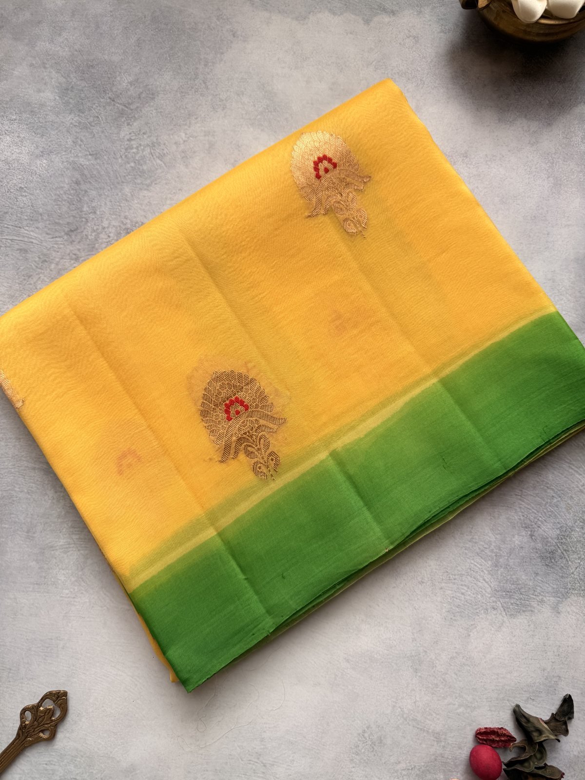 Yellow with Green Handloom Kora Silk Saree – view 2