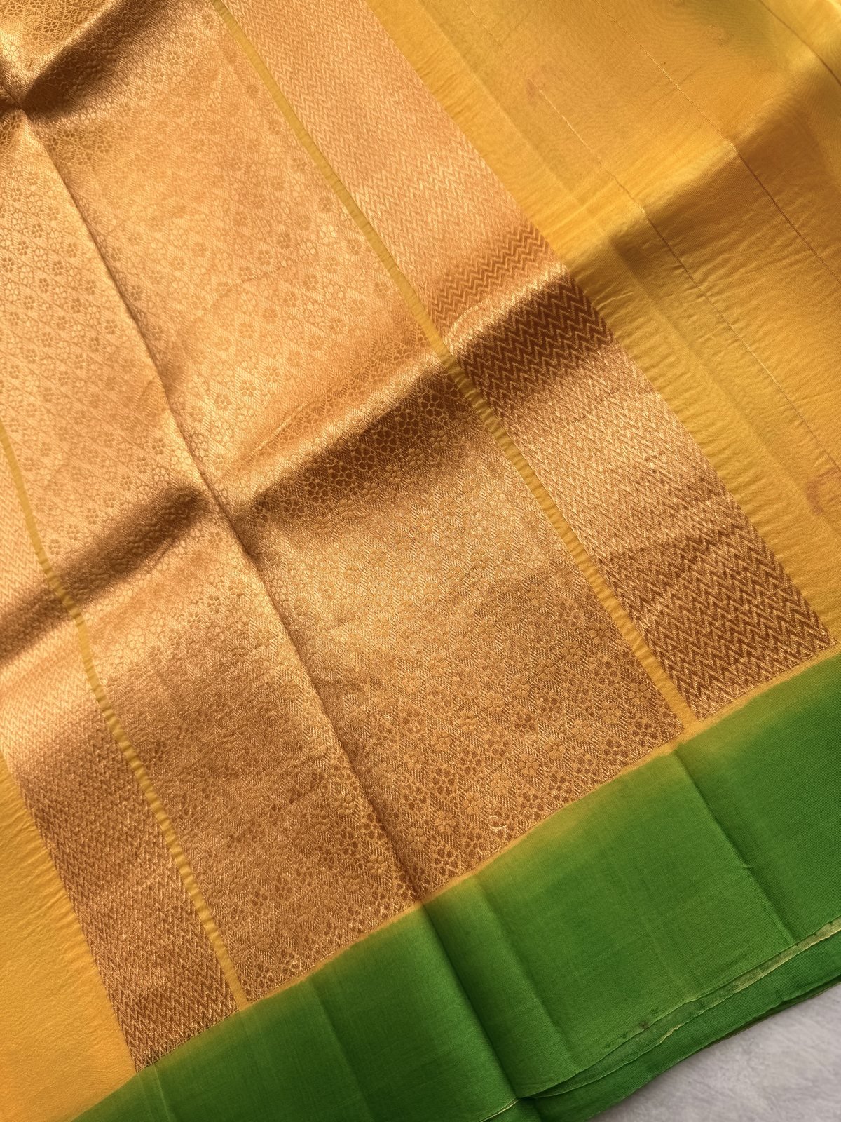 Yellow with Green Handloom Kora Silk Saree – view 3
