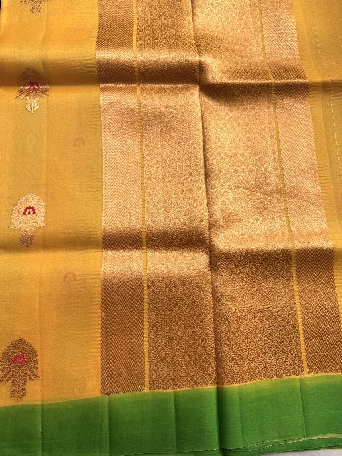 Yellow with Green Handloom Kora Silk Saree – view 4