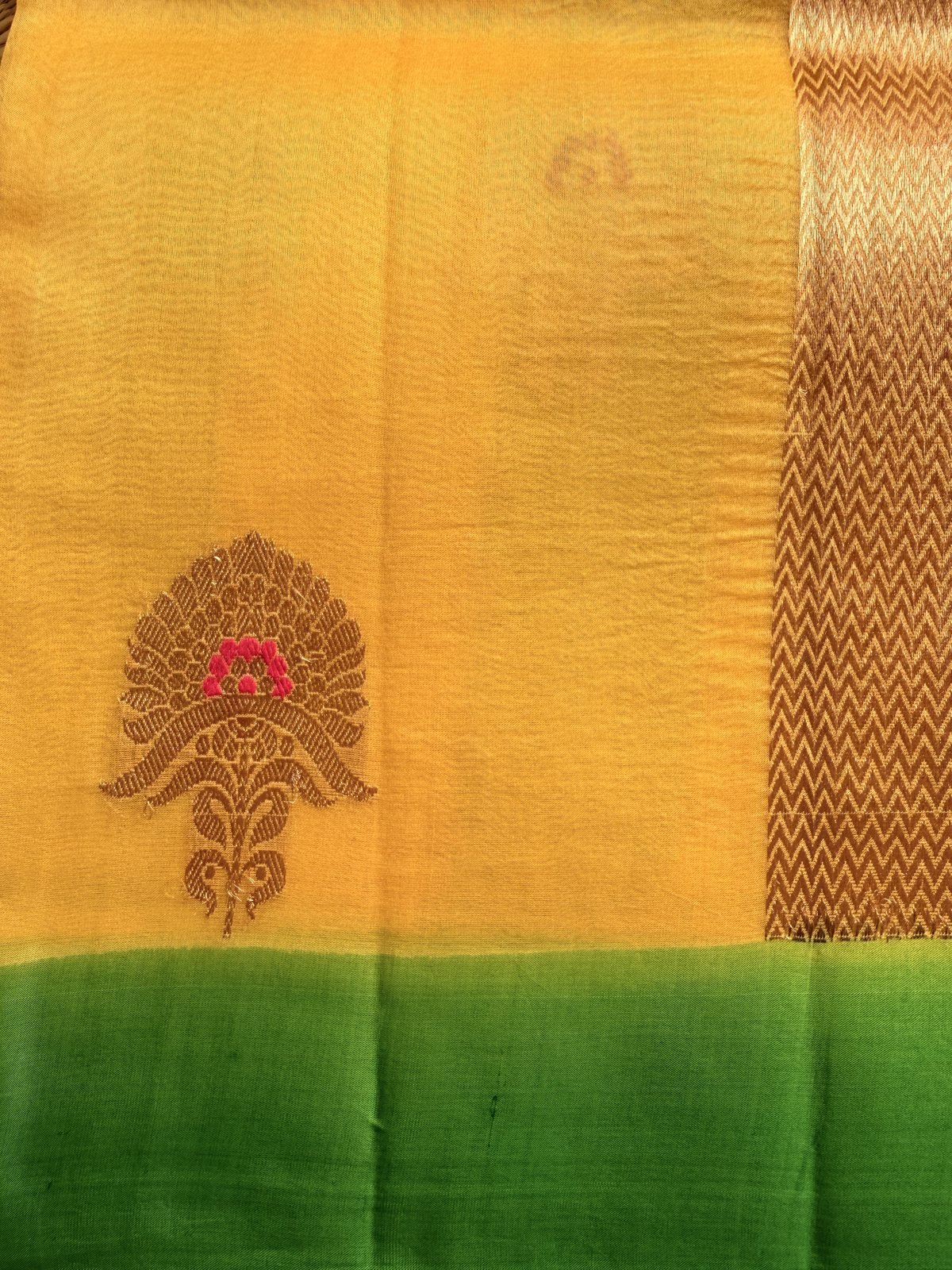 Yellow with Green Handloom Kora Silk Saree – view 5