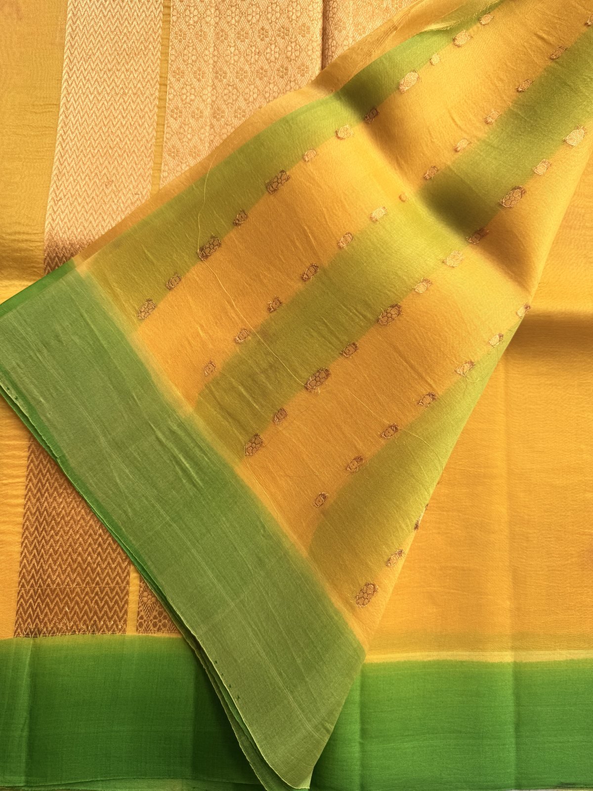 Yellow with Green Handloom Kora Silk Saree – view 6