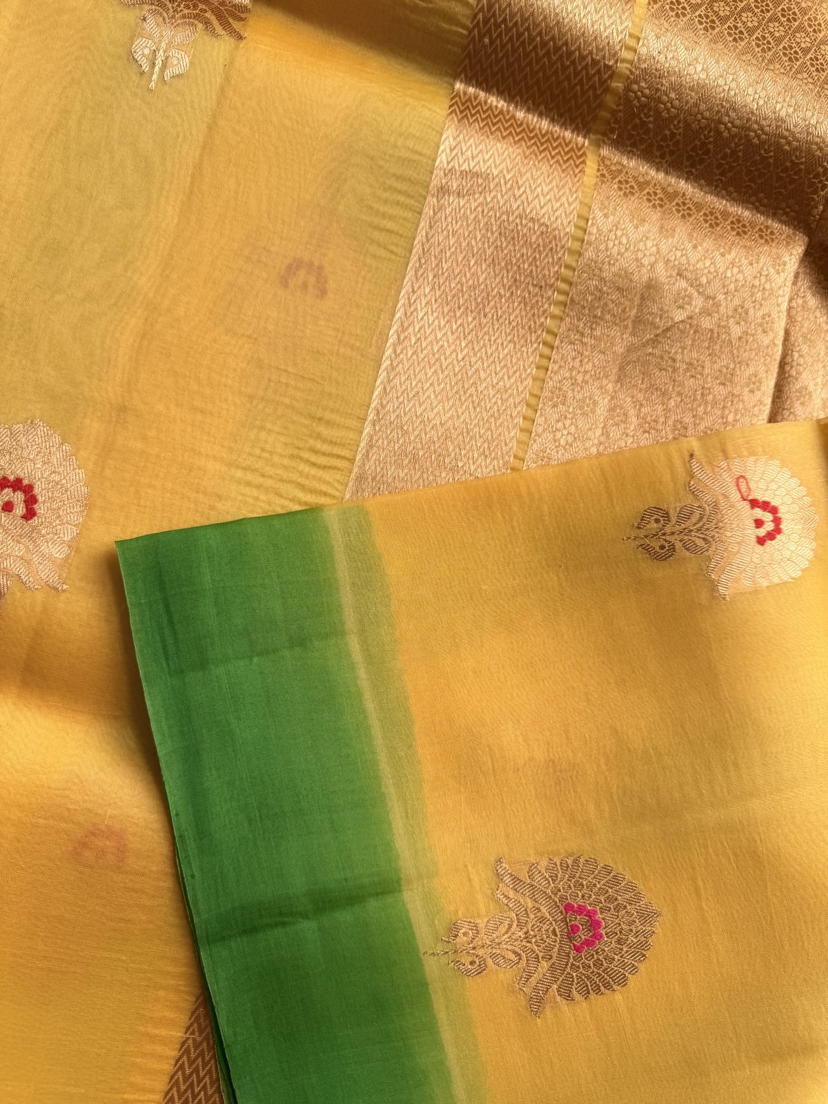 Yellow with Green Handloom Kora Silk Saree – view 7