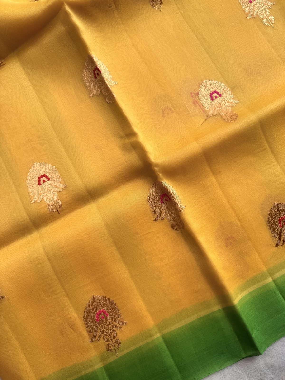 Yellow with Green Handloom Kora Silk Saree – view 8