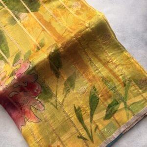 Yellow Digital Printed Kora Organza Saree with Gold Striped Weaving and Sona Rupa